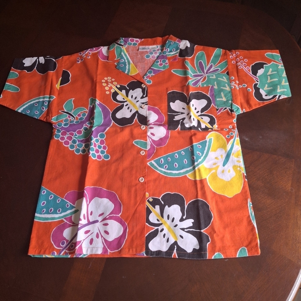 Palmetto's Hawaiian Orange Button Short Sleeve Summer Blouse Women Size Medium - Picture 3 of 11